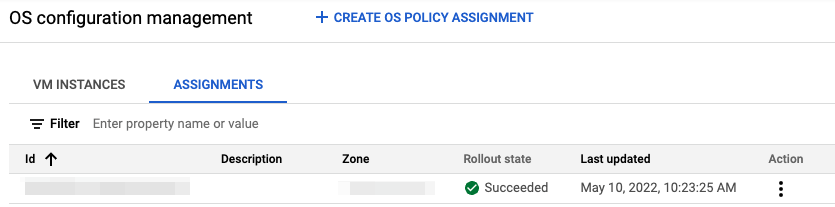Image showing assignments and rollout status as succeeded