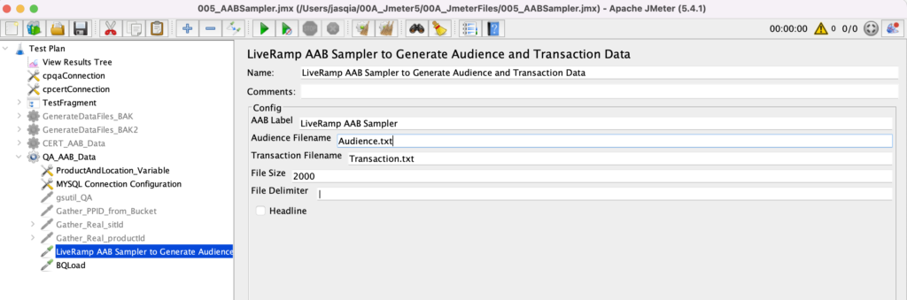 LiveRamp AAB Sampler to Generate Audience and Transaction Data with Label, Audience Filename, Transaction Filename and size